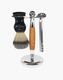 Eco-Razor Faux Light Beach Wood & Chrome Safety Razor and Brush Stand