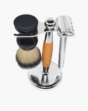 Eco-Razor Faux Light Beach Wood & Chrome Safety Razor and Brush Stand