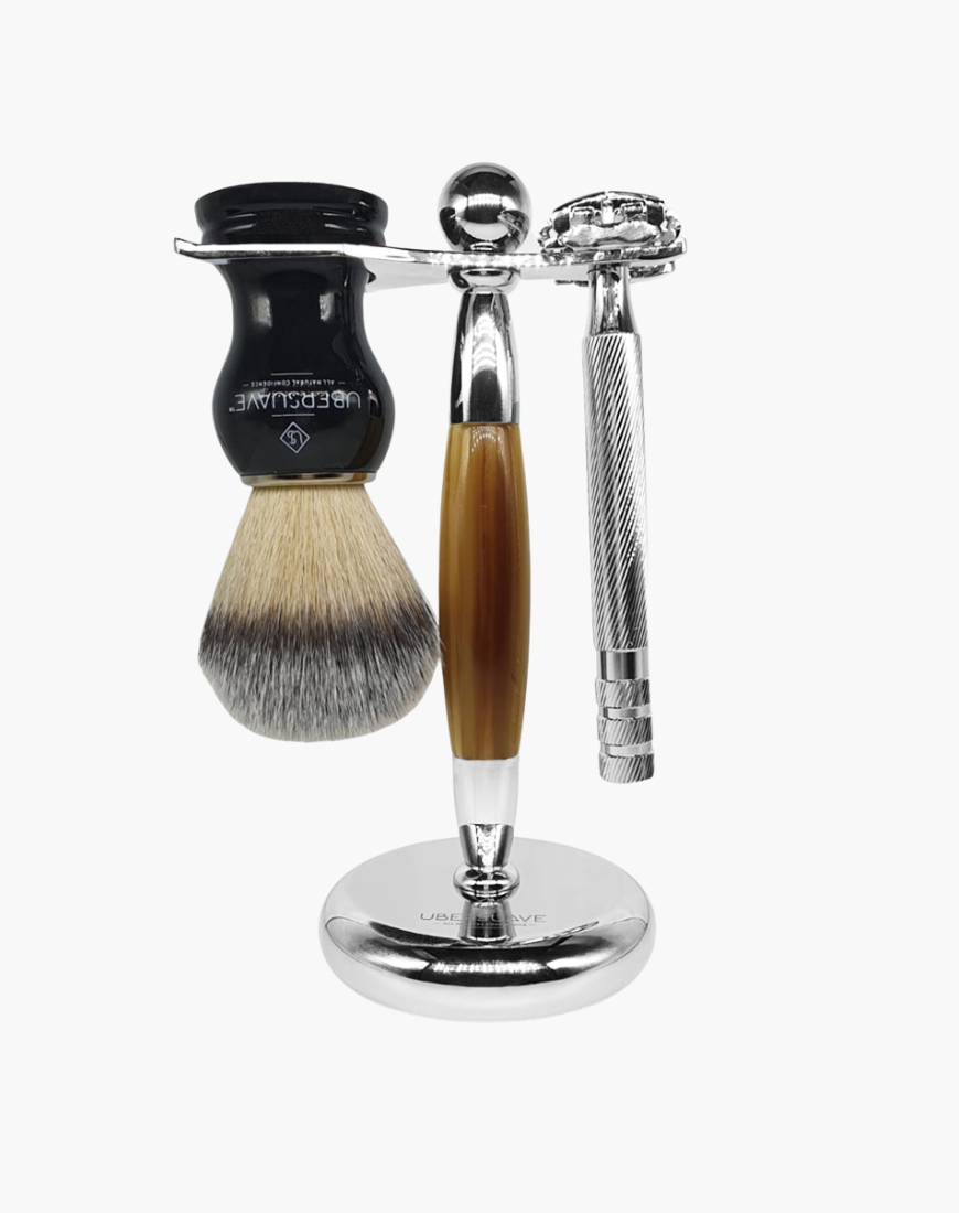 Eco-Razor Faux Horn & Chrome Safety Razor and Brush Stand