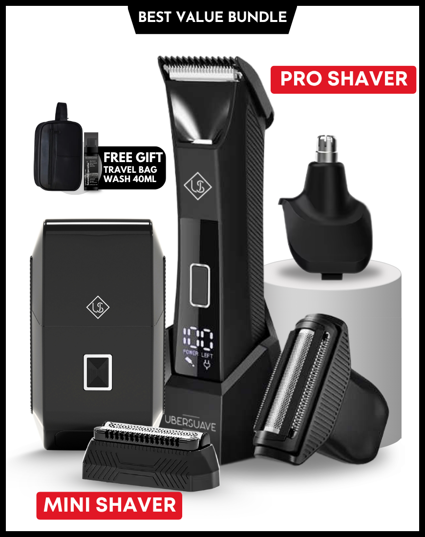Ubersuave SmoothOperator™ Pro Shaver + Mini Face Shaver + Intimate Wash 40ml + Faux Leather Travel Bag