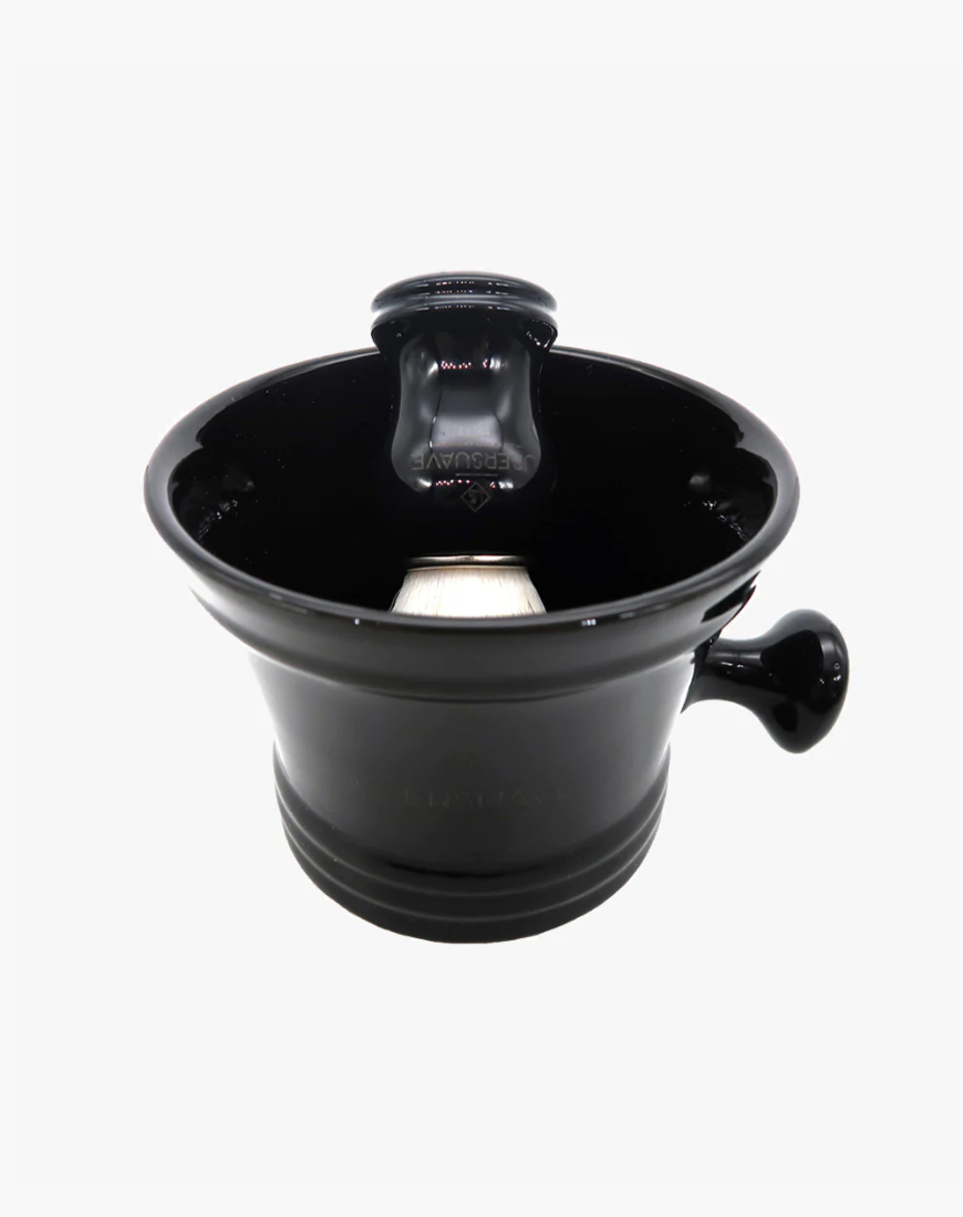 Eco-Razor Premium Black Porcelain Shaving Soap Mug Bowl w/ Knob Handle